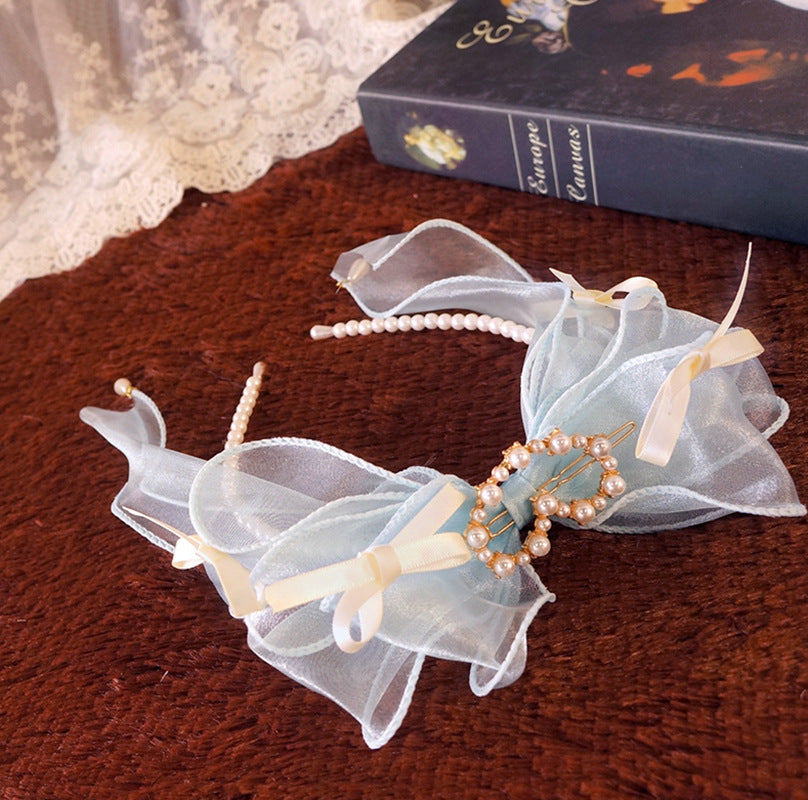 Original Ruiben Rabbit Full Color Pearl Kc Lolita Handmade Headband Organza Bow