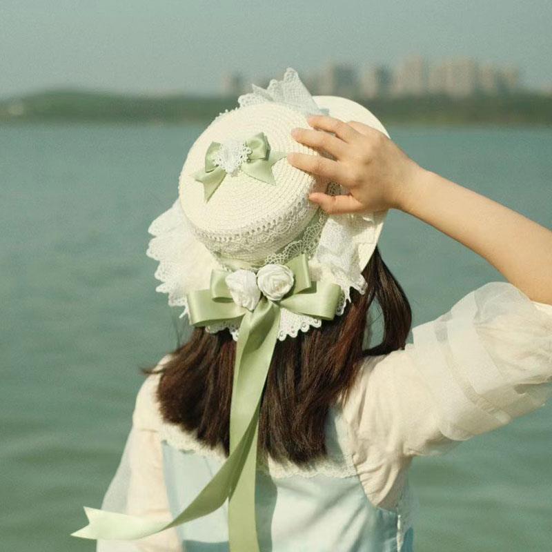 Lolita Straw Hat Mori Style Sweet Bowknot French Girl Flower Sun Hat Lolita Flat Top Hat Straw Hat