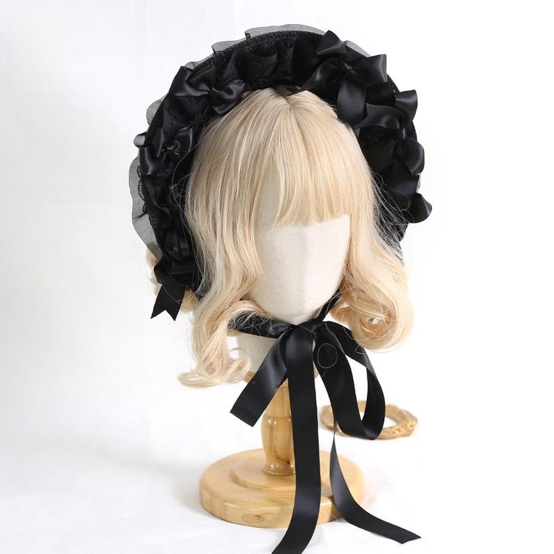 Xiaogui - Classic Lolita Lace Bonnet Hat - Detachable Bows Headwear