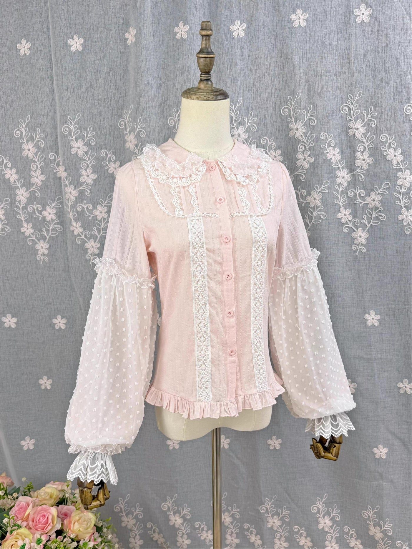 DMFS Lolita - Spiral Candy - Sweet Lolita Long Sleeve Cotton Shirt, Lace Accents