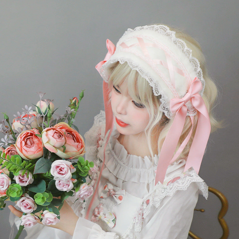 Lo Nymph Bowknot Lop-Eared Rabbit Hair Accessories Cute Sweet Plush Bunny Headwear Handmade Lolita Bunny Ears Hairband - Lolita Fetch