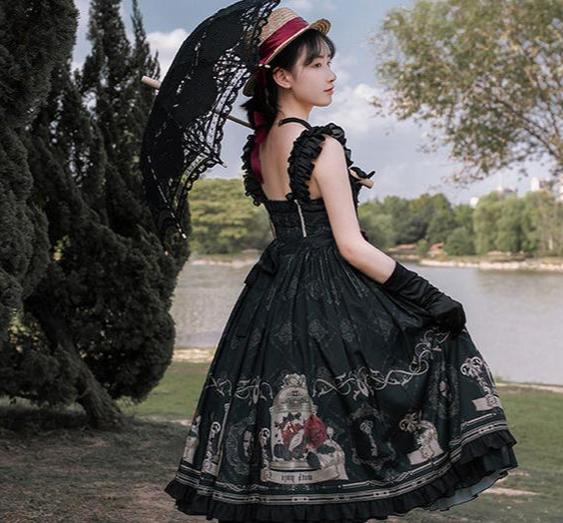 With PUJI - Nightingale and Rose - Classic Lolita Chiffon Dress, Rose & Birdcage Print
