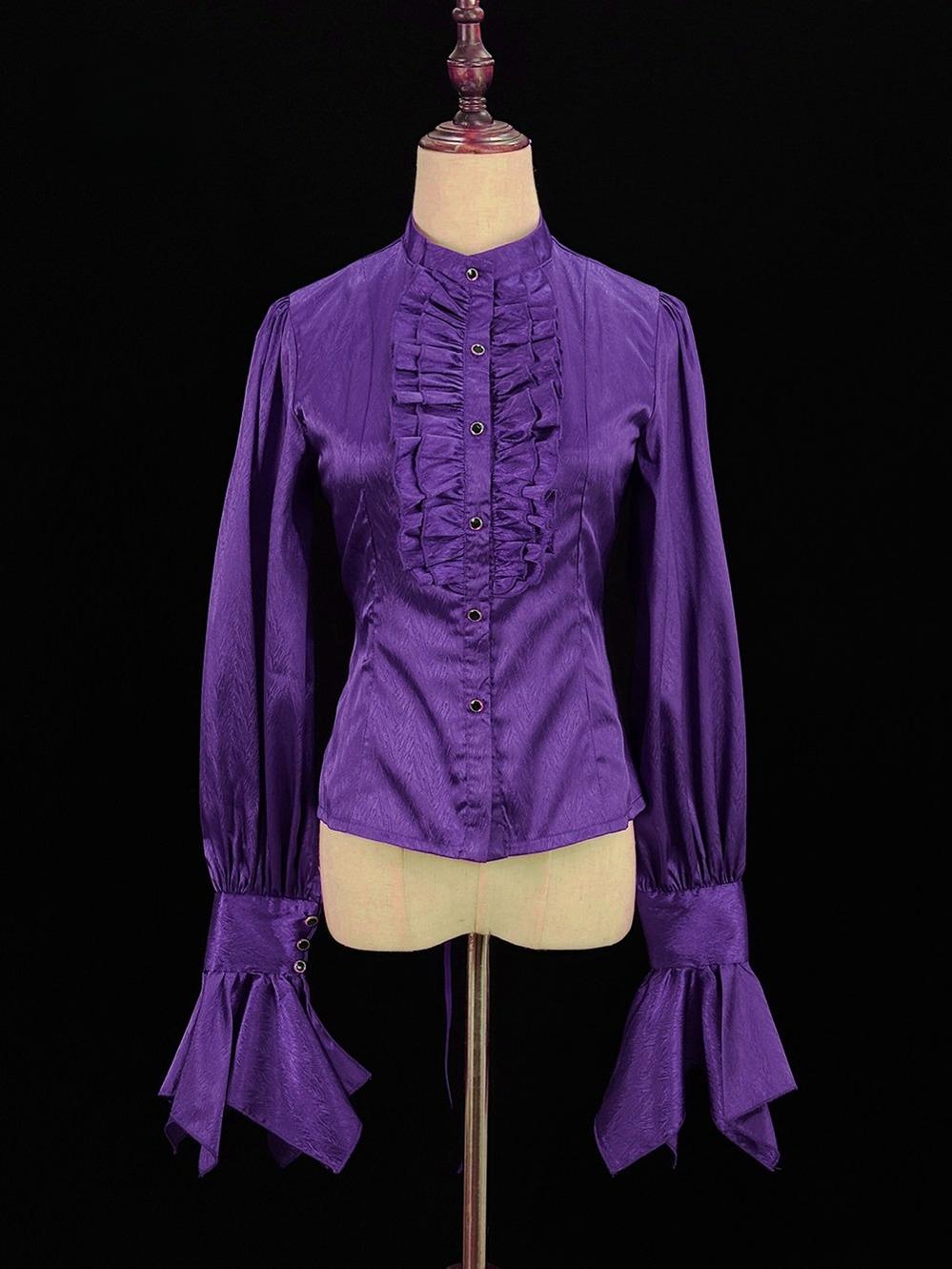 Moonnight Return - Stand Collar Ouji Lolita Shirt, Irregular Cuffs Purple XS