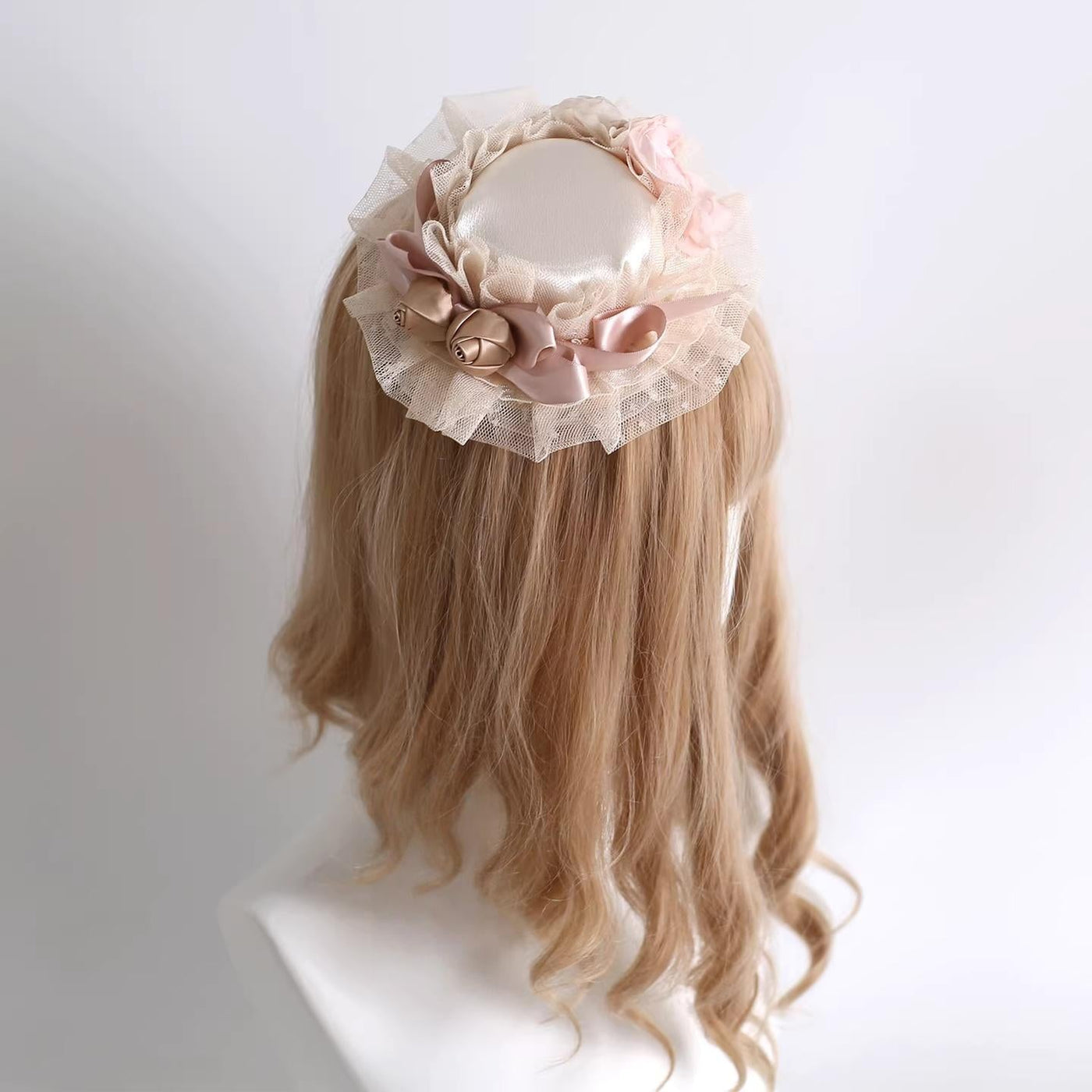 Elegant Champagne Lolita Headdress, Floral & Bows Floral Bud Top Hat Only (with fixed clip)