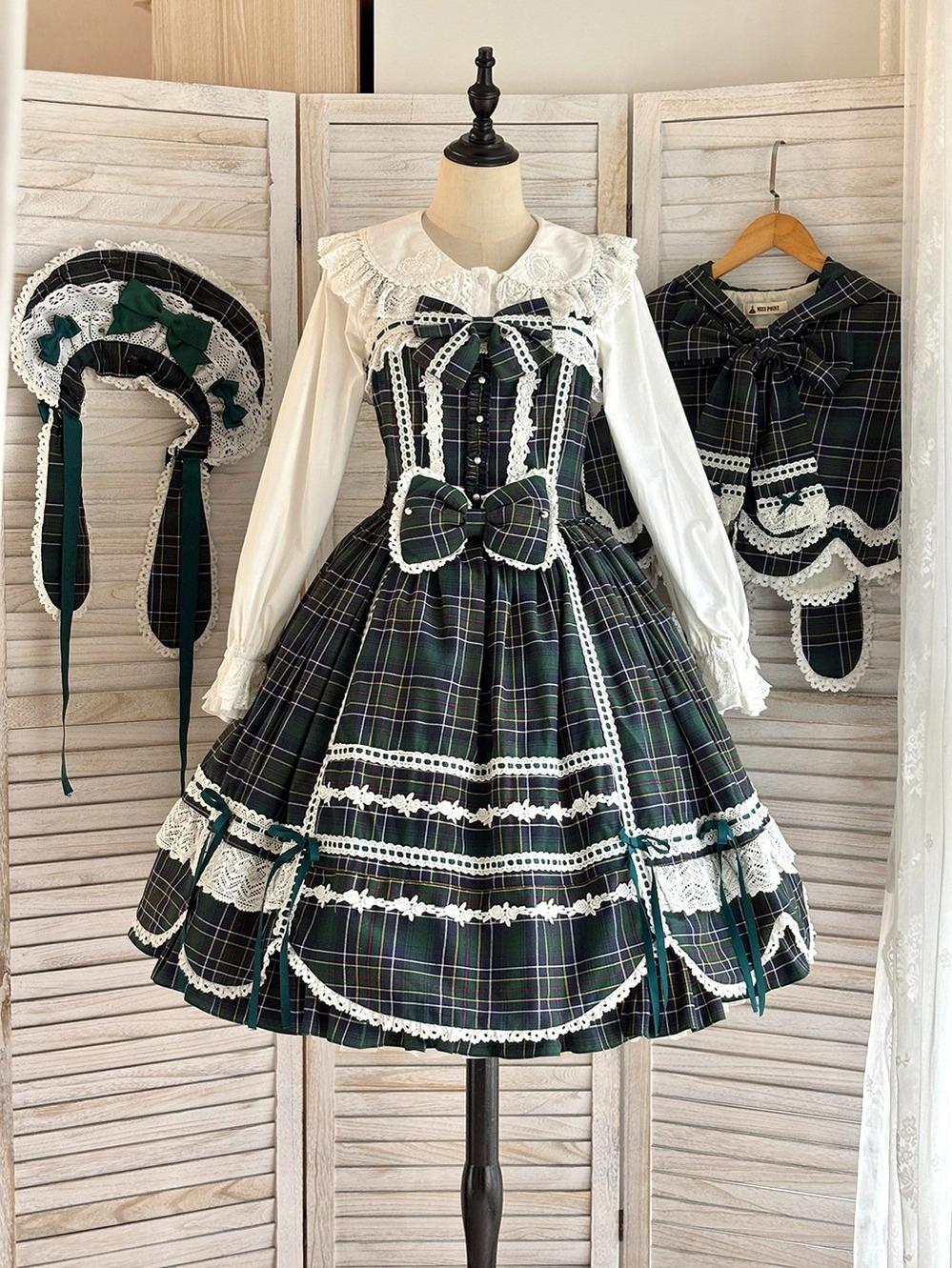 Plaid Petal Bunny - Old School Lolita Plaid JSK Dress, Side Pockets Green-plaid XS