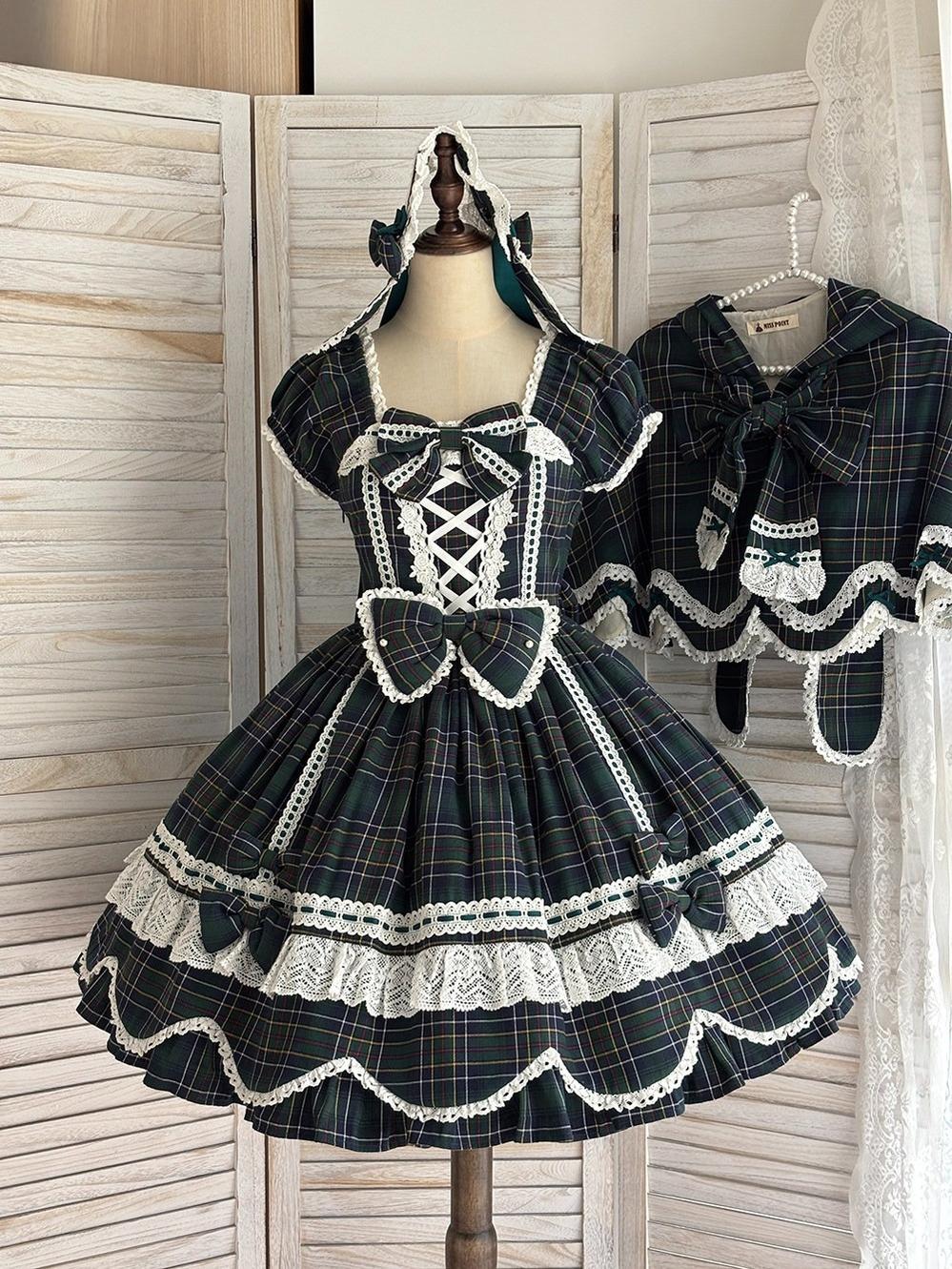 Miss Point - Plaid Petal Bunny - Old School Lolita Plaid OP Dress, Petal-shaped Hem