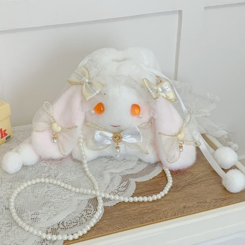 Lop-Eared Bunny Lolita Pearl Chain Doll Bag – 2025 Cute Bow Plush Shoulder Bag