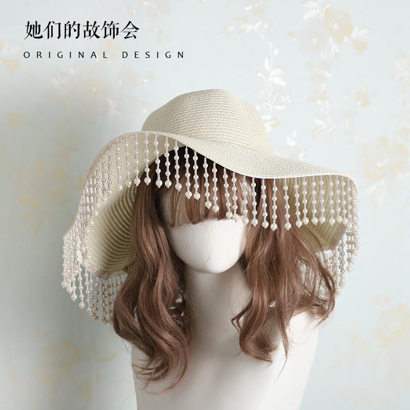 Lolita Straw Hat for Women Summer Han-Yang Eclectic Hanfu Tassel Retro Sunshade Wide Brim Hat for Women