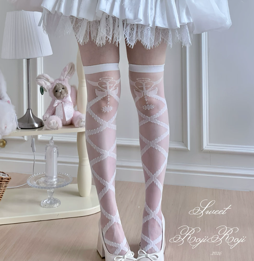 Lolita Cross Printed Socks with Layered Lace Trim Cuff White Over-the-knee Socks (without lace trim)