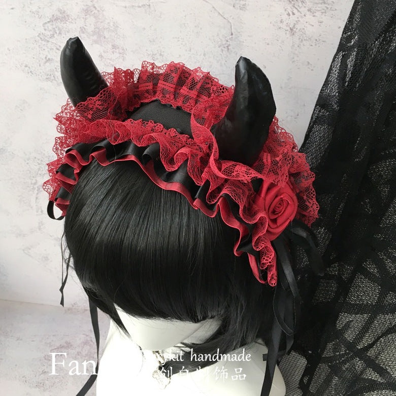 Subculture Custom Dark Lolita Demon Horn Gothic Headband Y2K Red and Black Lace Hairband - Lolita Fetch