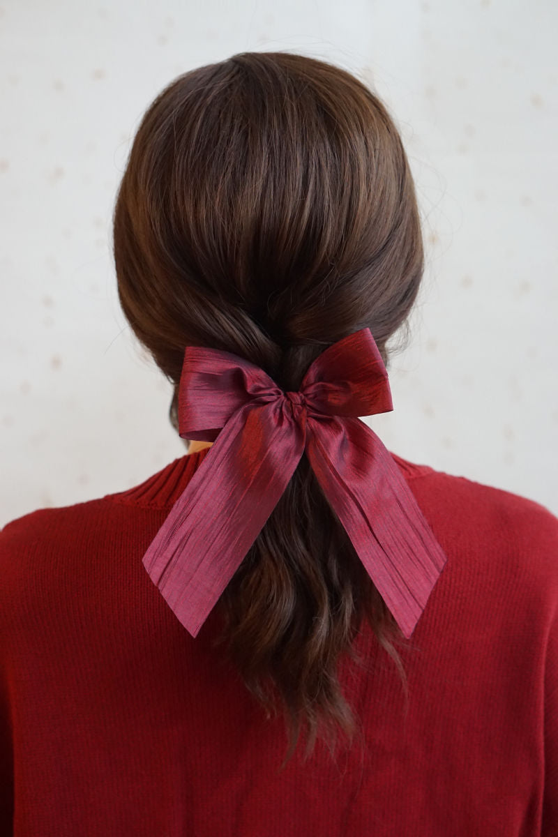 Wine red Lolita fashion handmade bow hairband with ruched design, perfect for New Year celebrations, by LolitaFetch.