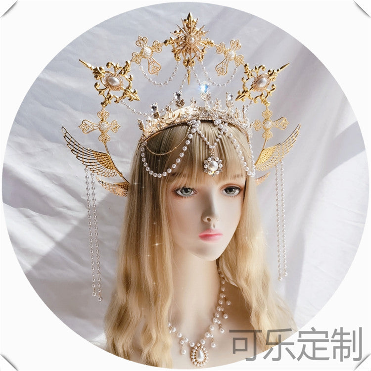 Handmade Virgin Mary halo angel headband with ornate hair crown, featuring intricate details and a divine, celestial design.
