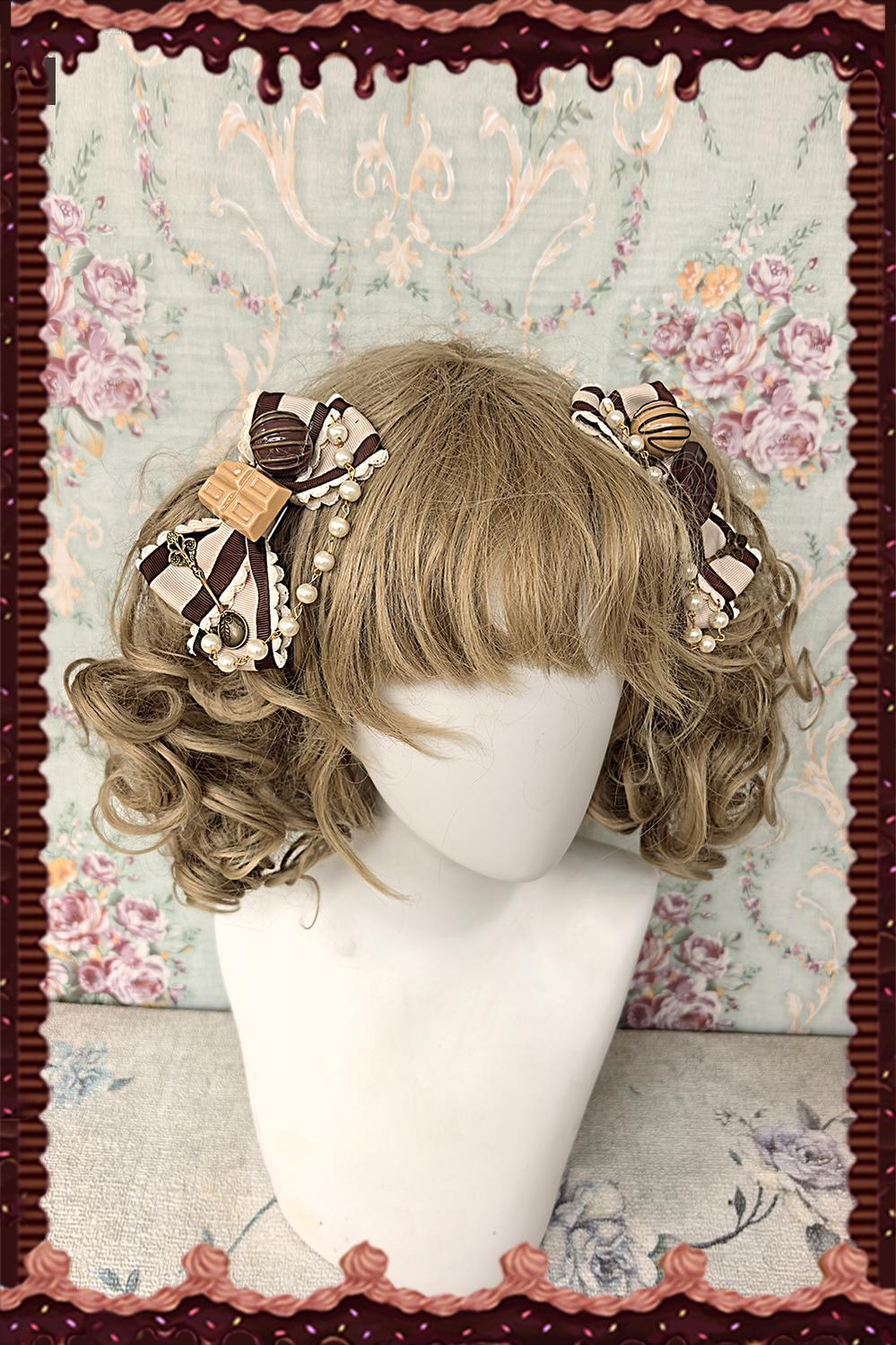 Chocolate Carousel - Kawaii Lolita Salopette Dress Set Khaki Paired Clips (one size / choose M) S