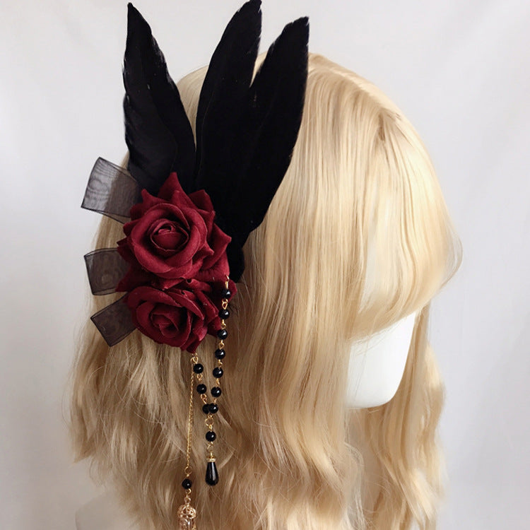 Lolita Gothic Bridal KC Hair Accessories Hair Clip Lace Rose Feather Black and White Two Colors