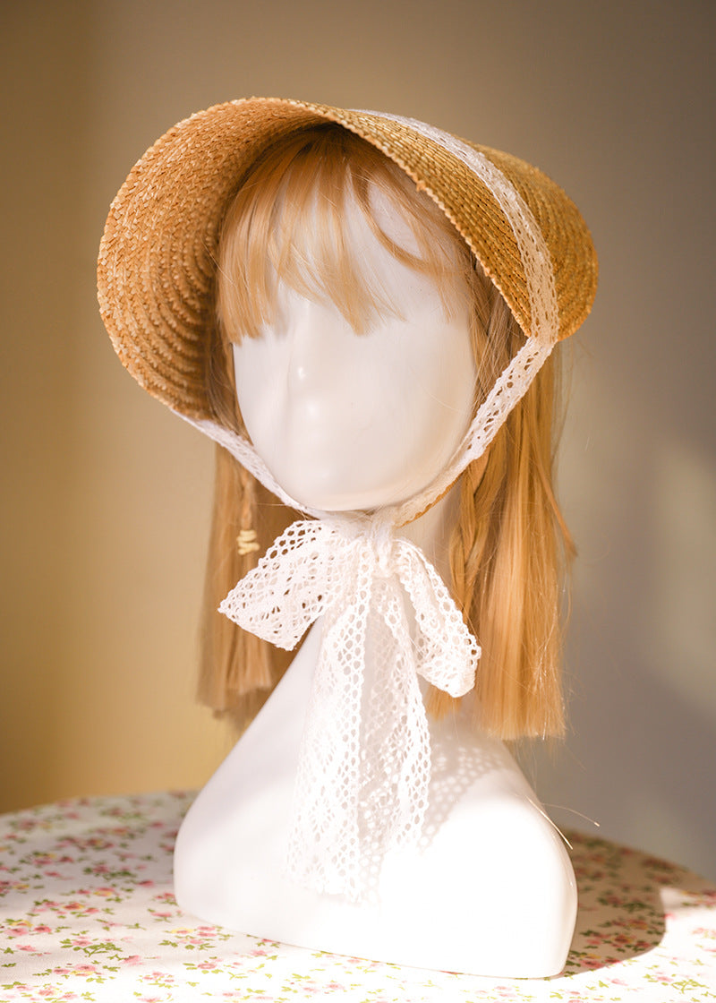 Vintage French Lolita straw flat hat with lace strap, handmade accessory perfect for vintage-inspired fashion and footwear style.