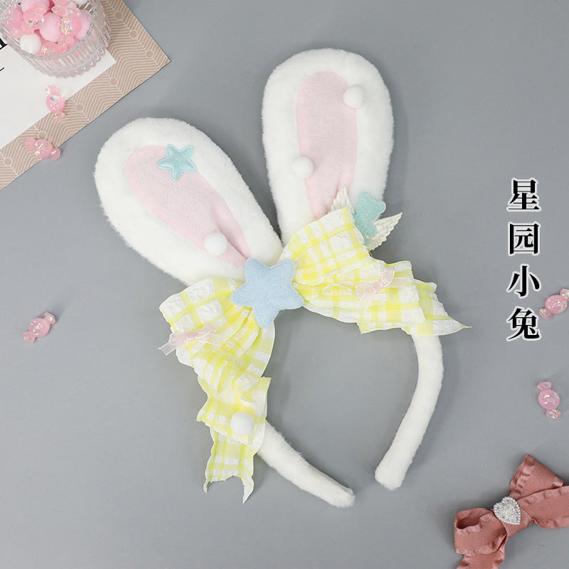 Japanese Style Cute Plush Bunny Hair Accessories Lolita Girl Comic Exhibition Headwear Ytk Bowknot Realistic Bunny Ear Hairband - Lolita Fetch