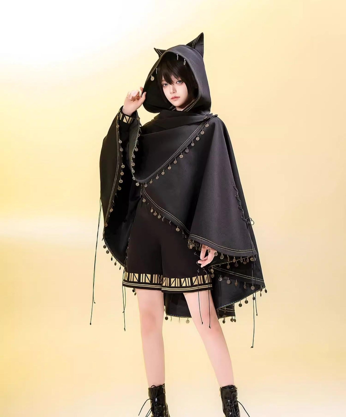 Black Cat - Black Ouji Lolita Cape with Cool Cat Ear Hood Cape only (do not machine wash) S (pre-order)