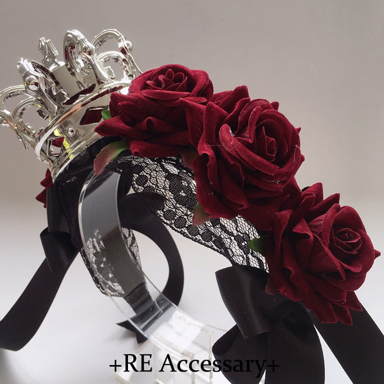Christmas Gothic Crown Red Rose Headband Lolita Ribbon Hair Accessory Vintage Festival Party Veil Accessory