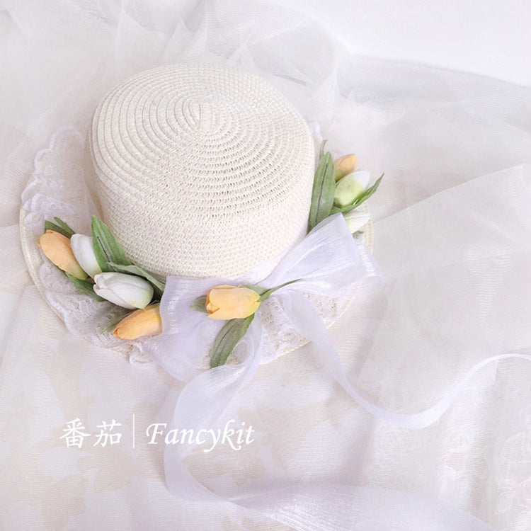 Handmade Yellow Tulip Straw Bag Lolita French Style Straw Hat Sun Hat Fairy Classical Woven Basket