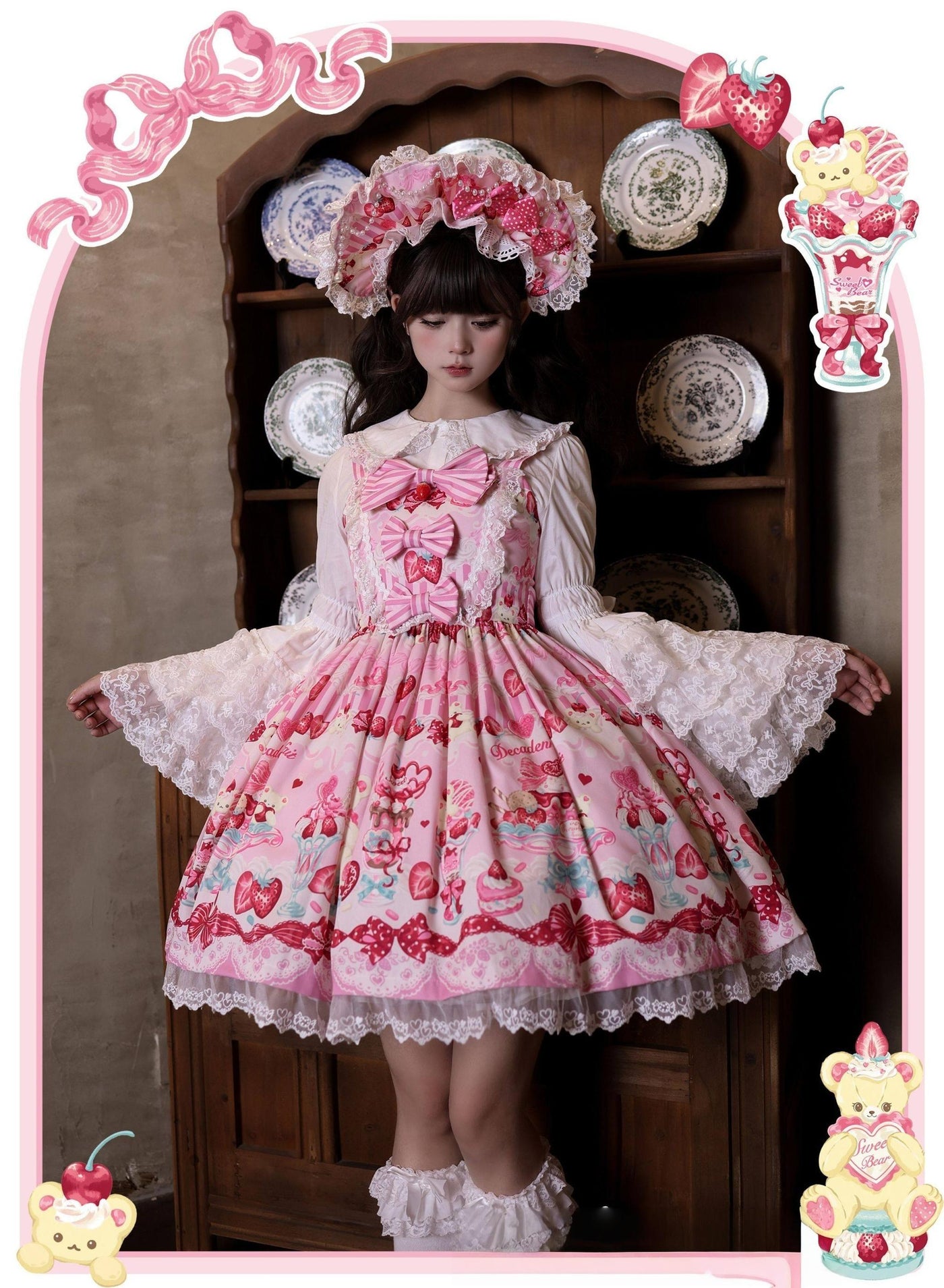 Cat Upon Cat - Strawberry Parfait - Strawberry-Print Lolita Dress with Lace-Trimmed Bows - option image