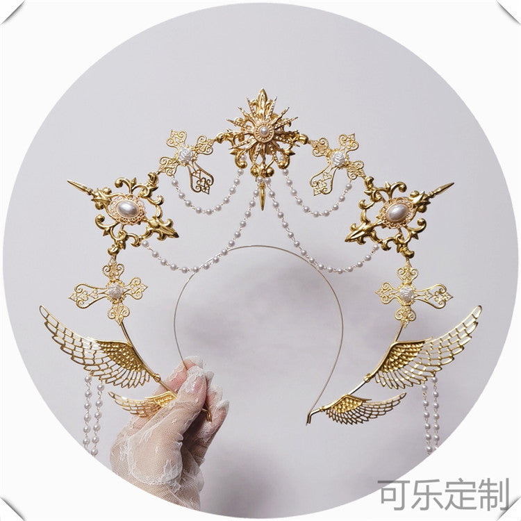 Handmade Virgin Mary Halo Angel Headband with ornate hair crown, featuring detailed angelic design and gold accents.