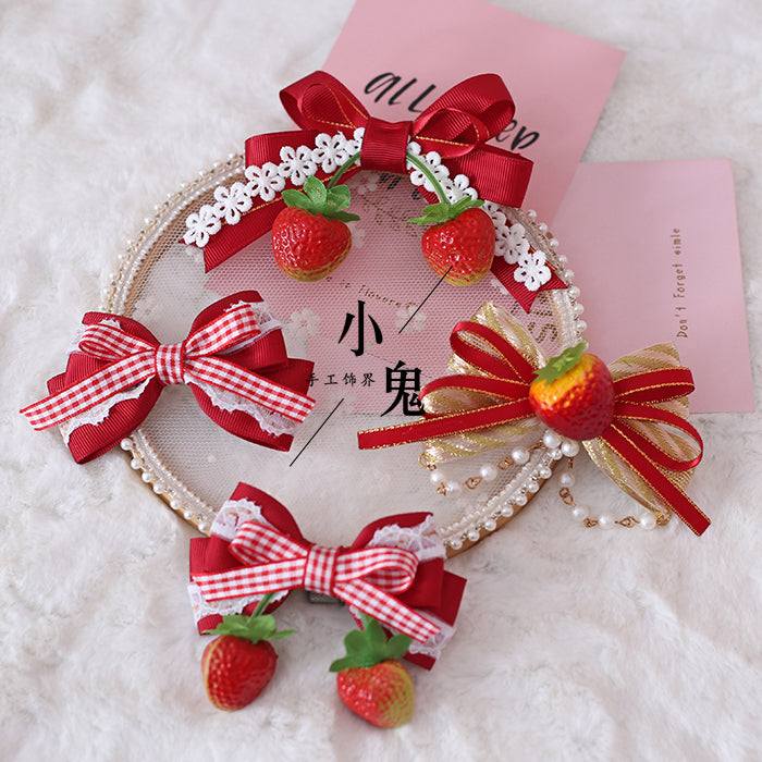 Strawberry Sweet Lolita Plaid Bow Hair Clip Hair Accessory Mori Style Strawberry Side Clip Japanese Soft Girl Cute Girl