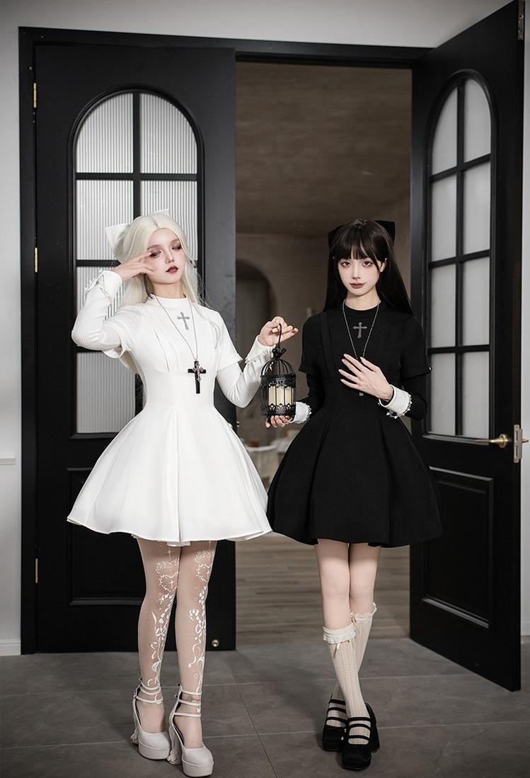 With PUJI - Nihil - Gothic Nun Lolita OP Dress, Irregular Hem Cape