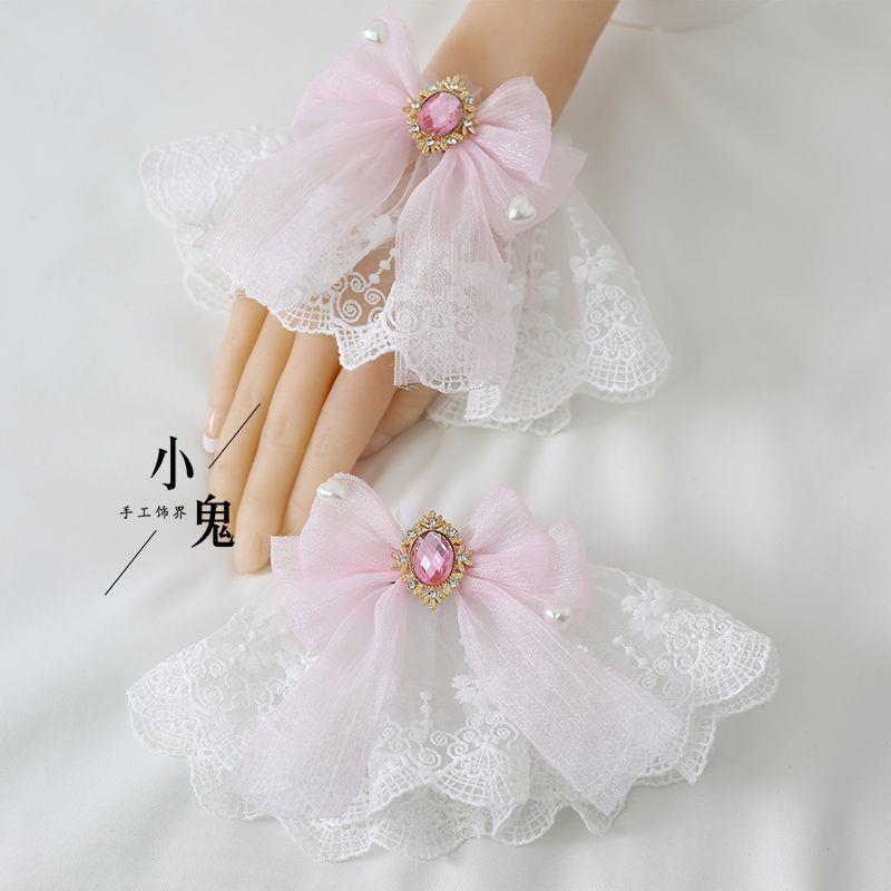 Dark red multicolor lace Lolita hair accessories featuring tulle bows, hand sleeves, and bracelet with intricate details.
