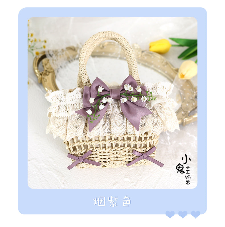 Original Lolita Mori Style Lily of the Valley Lace Beach Pastoral Straw Bag Rattan Bag Handheld Woven Bag Crossbody Bag