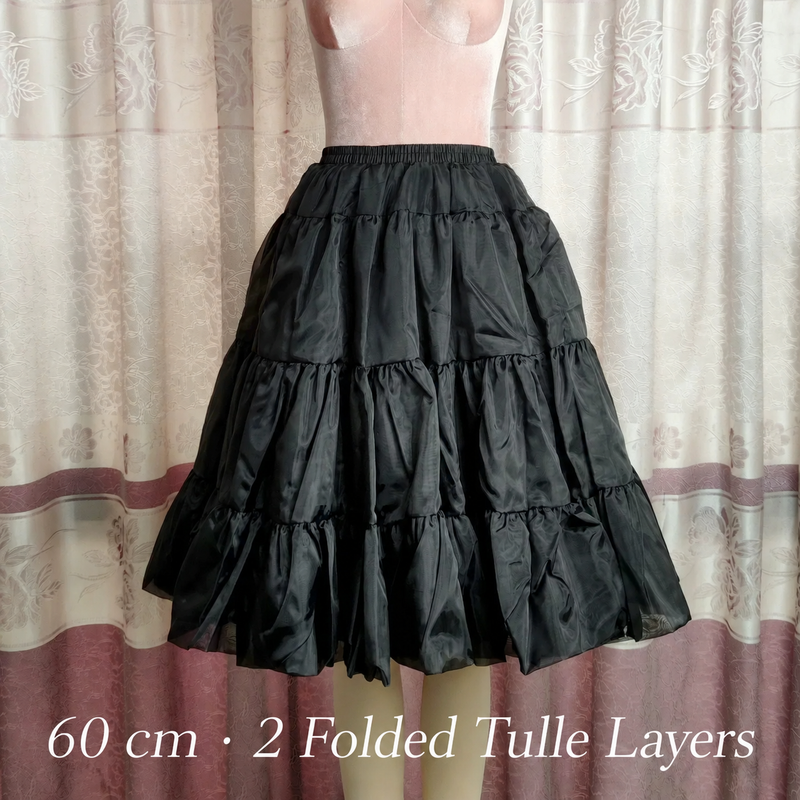 Black 60 cm hoop-free petticoat with two folded tulle layers