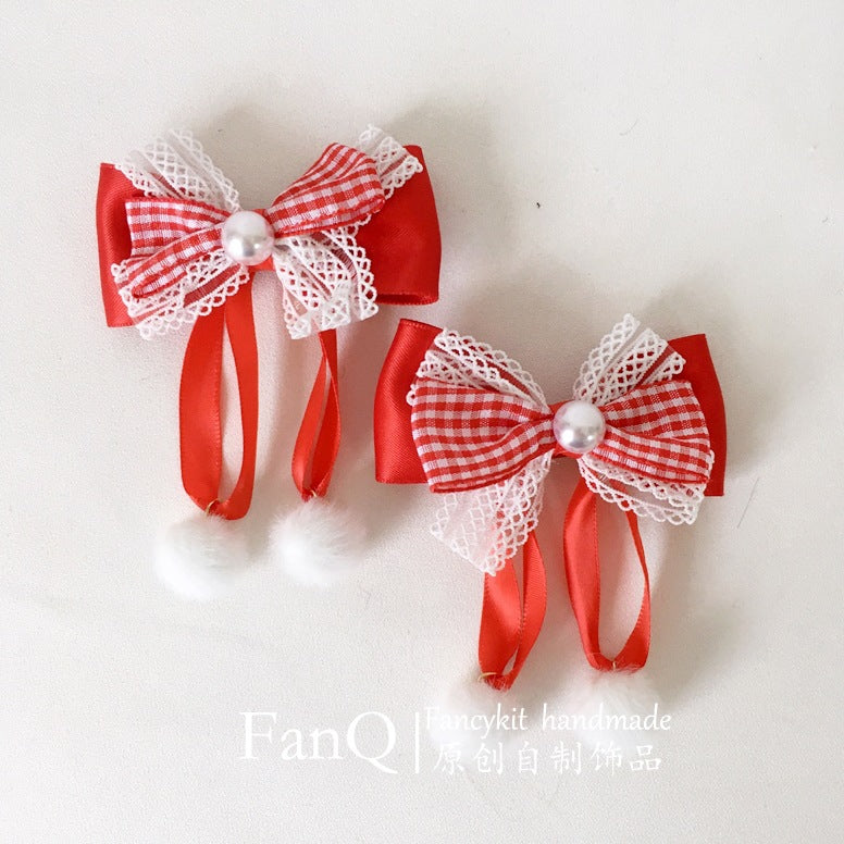 FanQ Handmade Lolita Sweet Little Strawberry Pom-Pom Hair Clip New Year Christmas Red Bowknot Pair Clip KC Hair Accessories