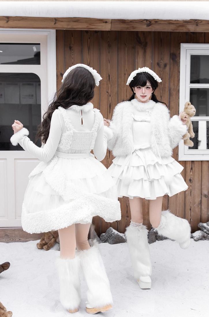With PUJI - White Choco - Winter Kawaii Lolita JSK Dress Set, Fluffy Accents