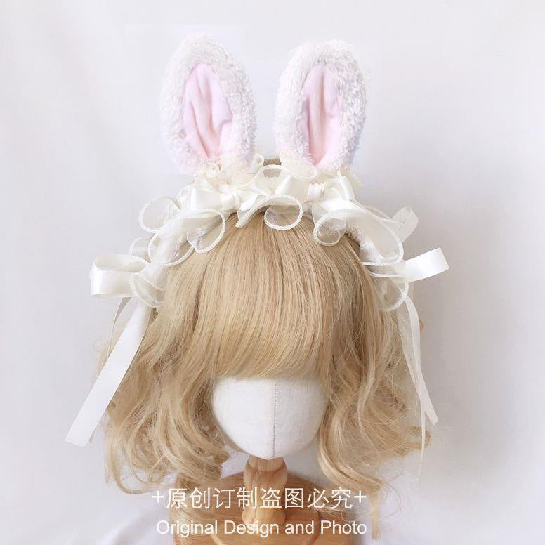 Lolita Handmade Ribbon Bunny KC Sweet Cute Bowknot Bunny Ear Headband Lolita Ruffled Hair Accessory Headwear