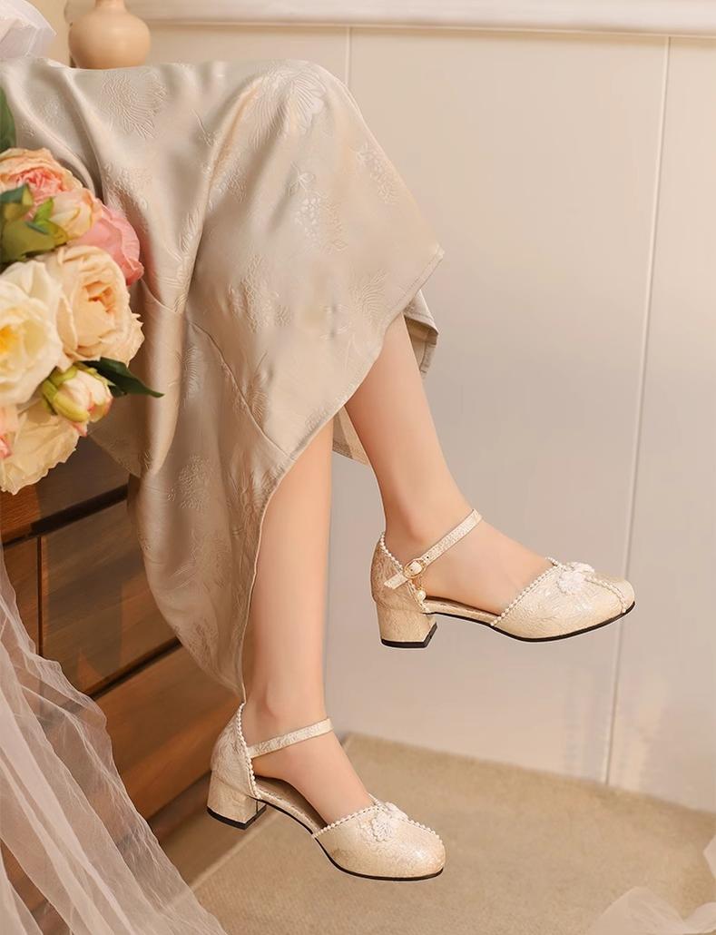 Yana - Heart Jade Yana - Pink, beige or blue Qi Lolita shoes with woven floral design and pearl ankle strap - product detail 4