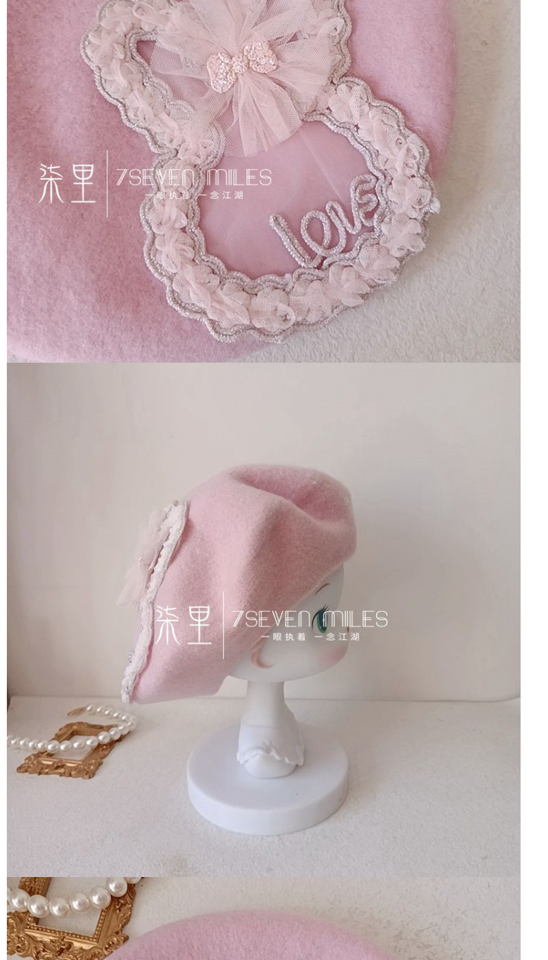 Long-Eared Rabbit  Beret Handmade Bow Lolita Girl Sweet Cute Woolen Hat for Women