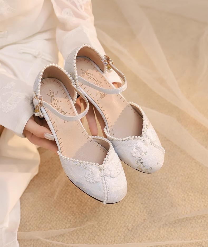 Yana - Heart Jade Yana - Pink, beige or blue Qi Lolita shoes with woven floral design and pearl ankle strap - product detail 10