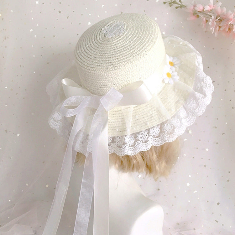 Original Handmade Lolita White Chrysanthemum Straw Hat with Bow Ribbon Sun Hat Sweet Fairy Ancient Style Outing Pastoral Hat