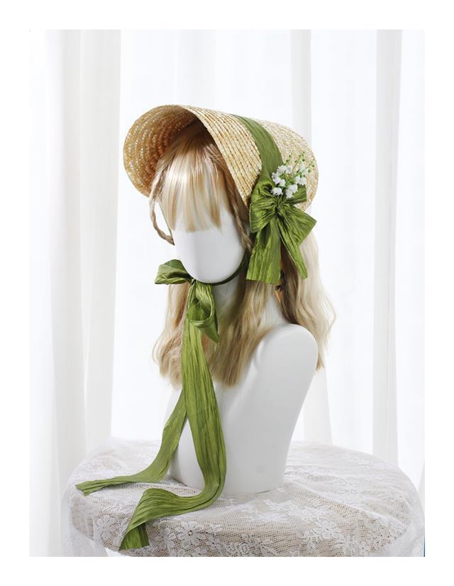 French Country Lolita Handmade Lily of the Valley Forest Style Bowknot Bnt Flat Hat Straw Hat Photo Shoot Catwalk Cla - Lolita Fetch