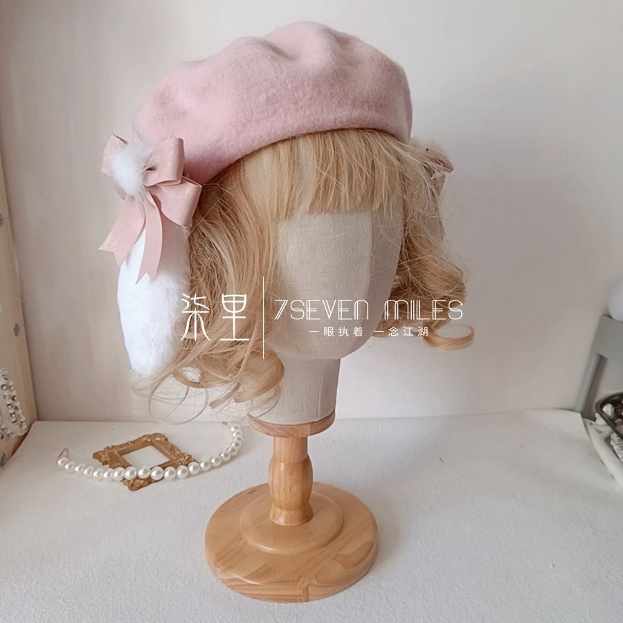 Long-Eared Rabbit  Beret Handmade Bow Lolita Girl Sweet Cute Woolen Hat for Women