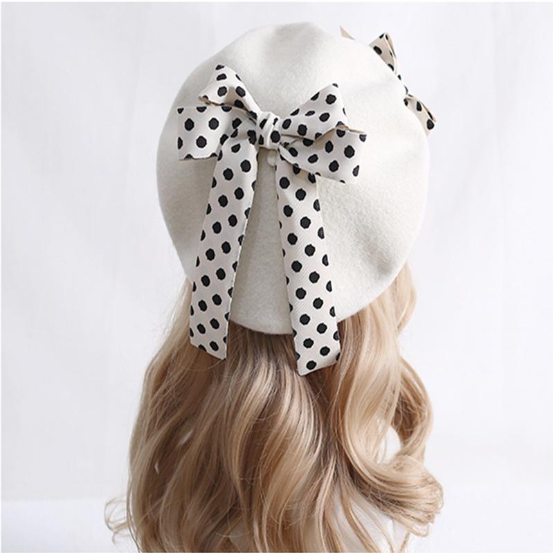 Xiaogui - Sweet Lolita Red Polka Dots Bow - Beret Hat Headwear