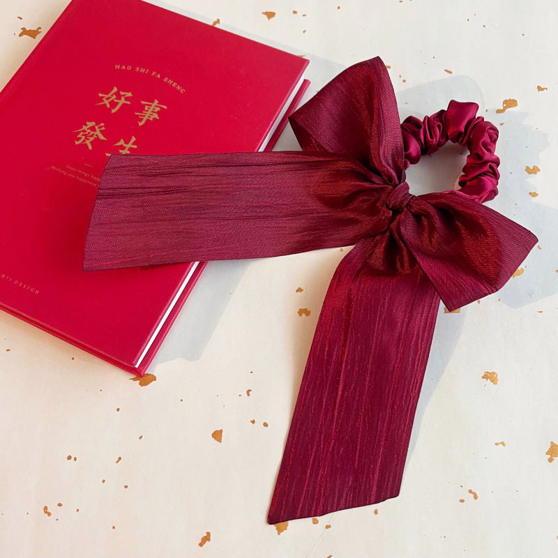 Wine red handmade Lolita fashion bow hairband with ruched design, perfect for New Year or elegant Lolita outfits.