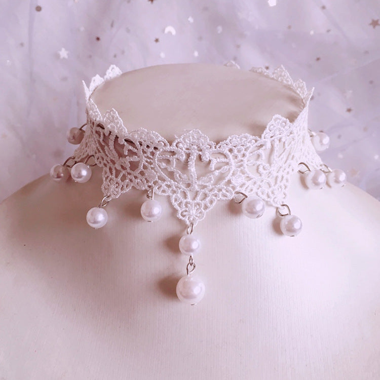 Ying Yuan Jia Lace Pearl White Choker Necklace