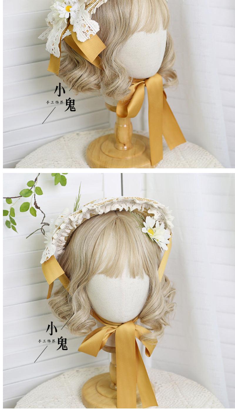 Original Lolita Straw Hat Flower Elegant Flat Hat Top Hat Bridal Tea Party Gorgeous Hat Han Western Eclectic Reminiscence