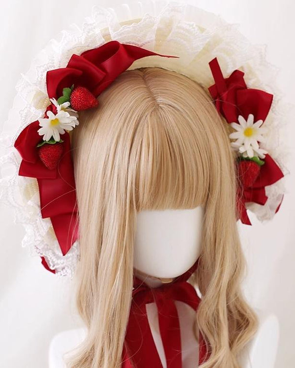 Xiaogui - Sweet Lolita Hat Strawberry Bonnet - with Lace and Bow Headwear