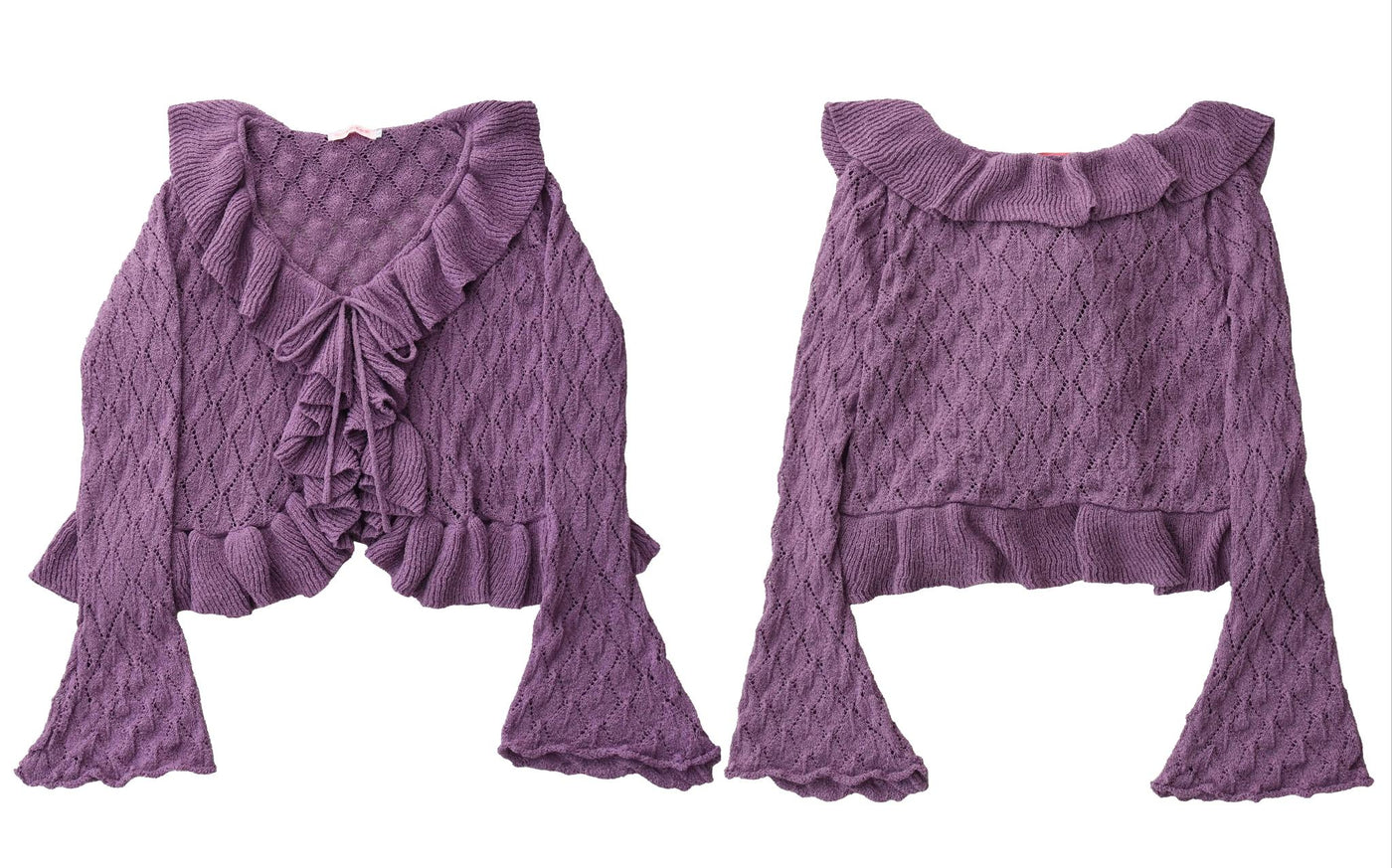 Purple openwork knit cardigan shown in front and back views.