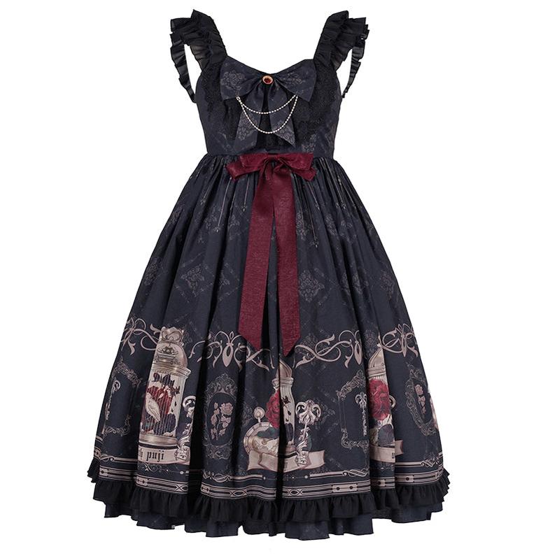 Nightingale and Rose - Classic Lolita Chiffon Dress, Rose & Birdcage Print (L M S) 234:860204