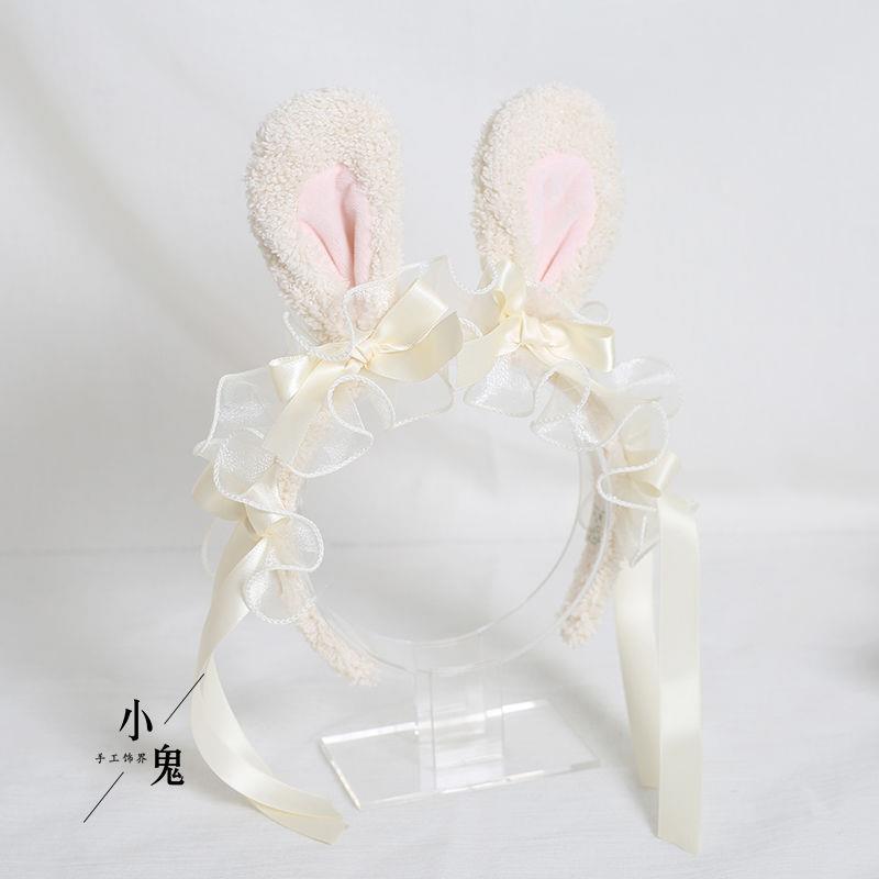 Lolita Handmade Ribbon Bunny KC Sweet Cute Bowknot Bunny Ear Headband Lolita Ruffled Hair Accessory Headwear