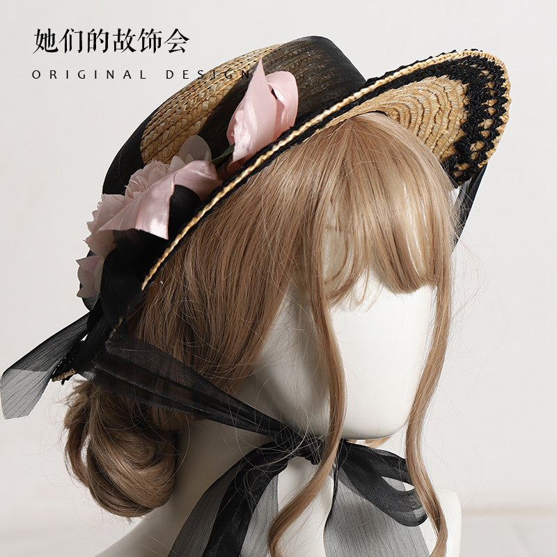 Lolita Flower Straw Hat for Women Summer Flat Hat Lolita Sun Protection Shade Han Yang Eclectic Mori Style Hat for Women