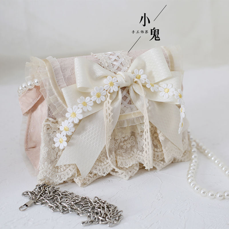 Original Lolita Forest Style Elegant Daisy Handbag - Pearl & Lace Chain Crossbody Bag