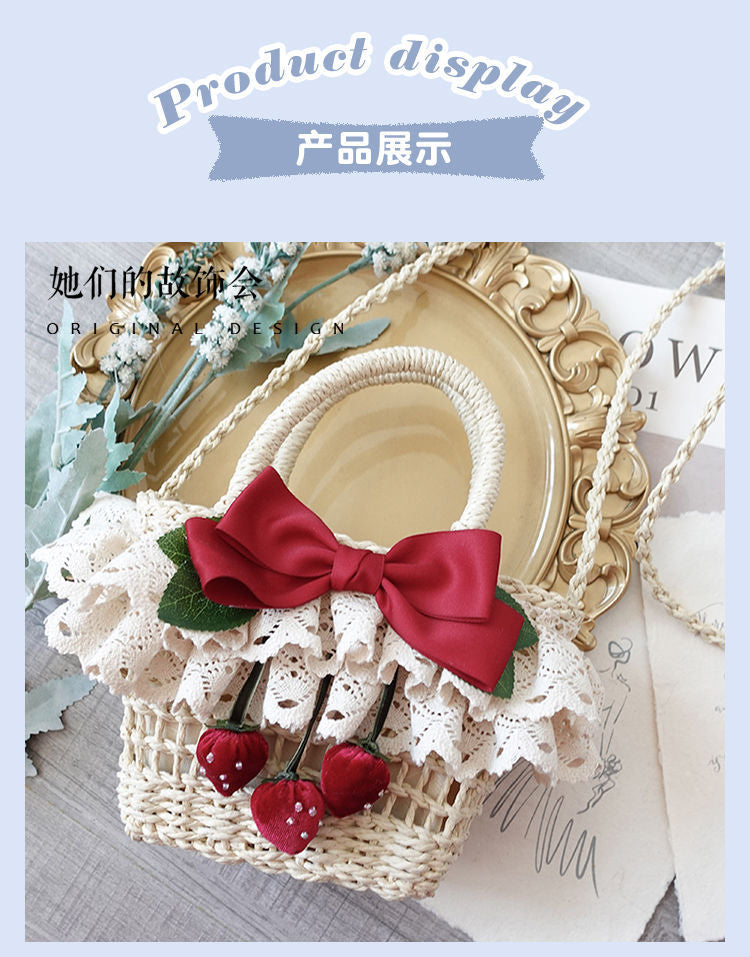Lolita Bag for Women 2022 New Strawberry Flower on the Hill Handmade Small Item Lolita Spring Outing Straw Bag - Lolita Fetch
